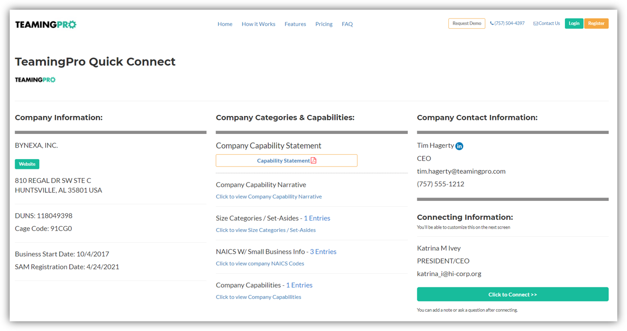 This is your company connect page. Recipients are sent here when connecting with your company. They will see your company's high-level data to include your HQ location, connection info, NAICS with small business indicators, your capability statement and more. 